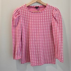 Ann Taylor • Pink and White Gingham Puff-Sleeve Long Sleeve Top